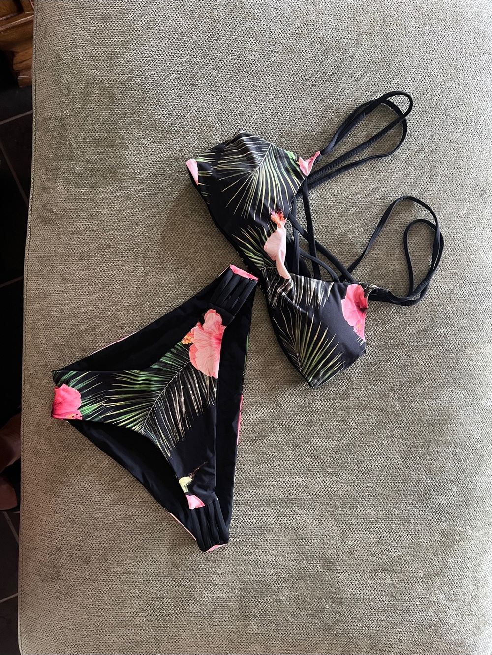 Black Floral Palm-Print Bikini Set with Pink Hibiscus